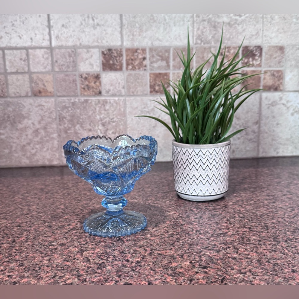 Vintage Imperial Glass NuCut Blue Sawtooth Compote Candy Dish